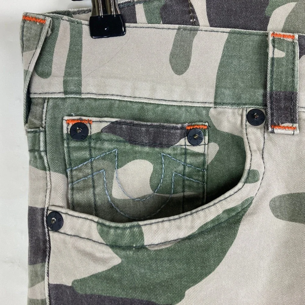True Religion Moto Shorts Men 36 Green Camo Ribbed Biker Grunge Streetwear Y2K